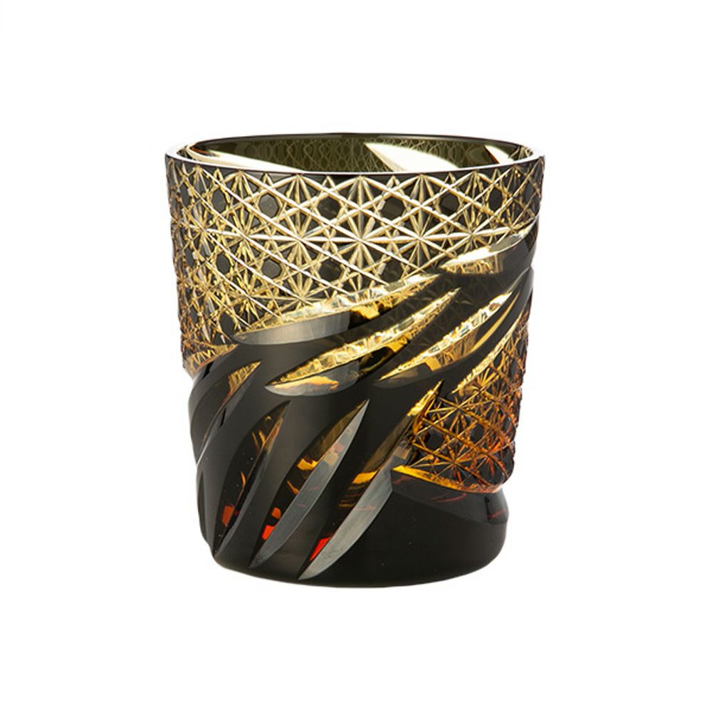 深川硝子工芸 小樽切子 雅 ロックグラス 黒琥珀