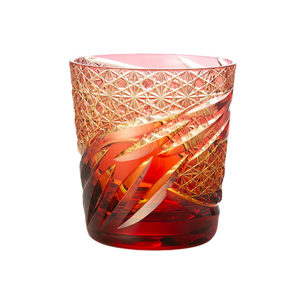 深川硝子工芸 小樽切子 雅 ロックグラス 金赤琥珀