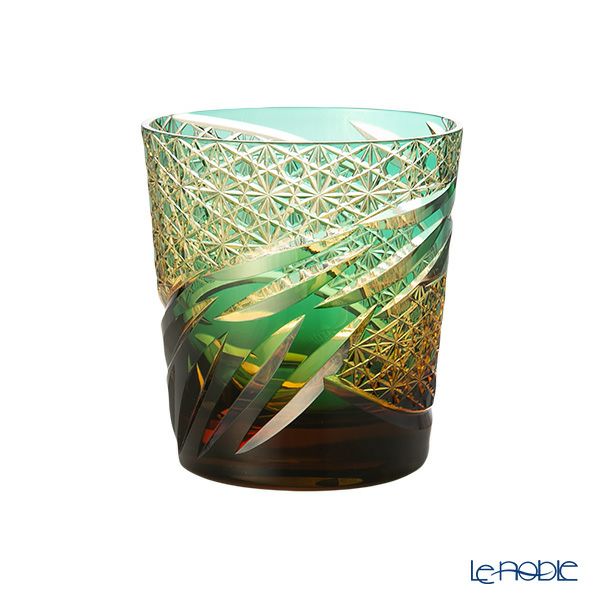 深川硝子工芸 小樽切子 雅 ロックグラス 緑琥珀