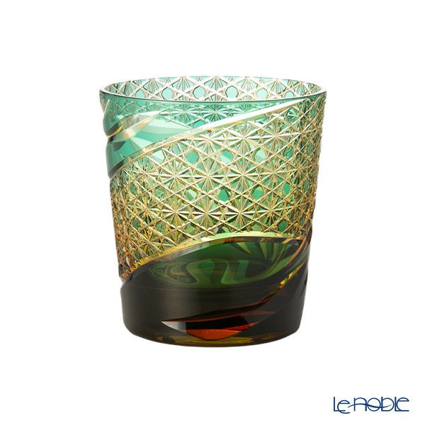 深川硝子工芸 小樽切子 雅 ロックグラス 緑琥珀