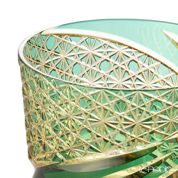 深川硝子工芸 小樽切子 雅 ロックグラス 緑琥珀