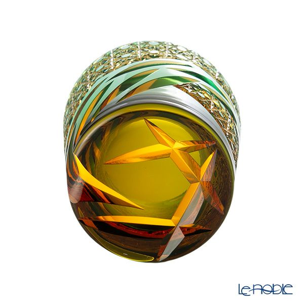 深川硝子工芸 小樽切子 雅 ロックグラス 緑琥珀