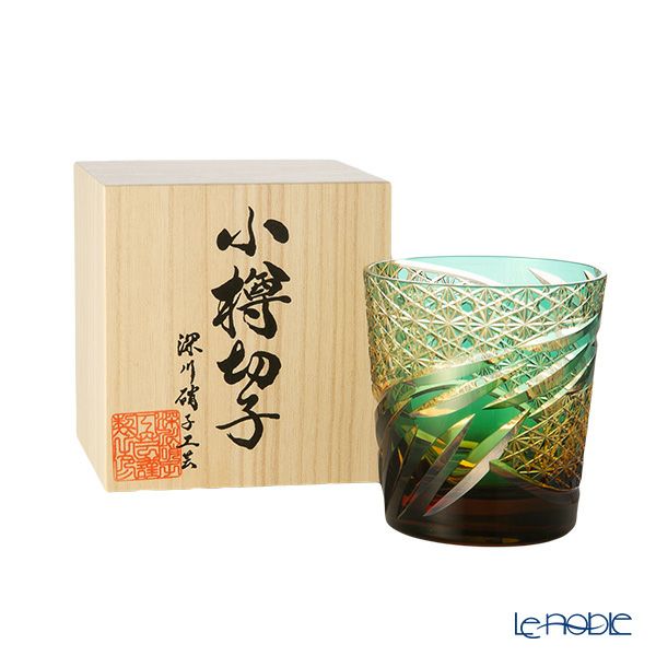 深川硝子工芸 小樽切子 雅 ロックグラス 緑琥珀
