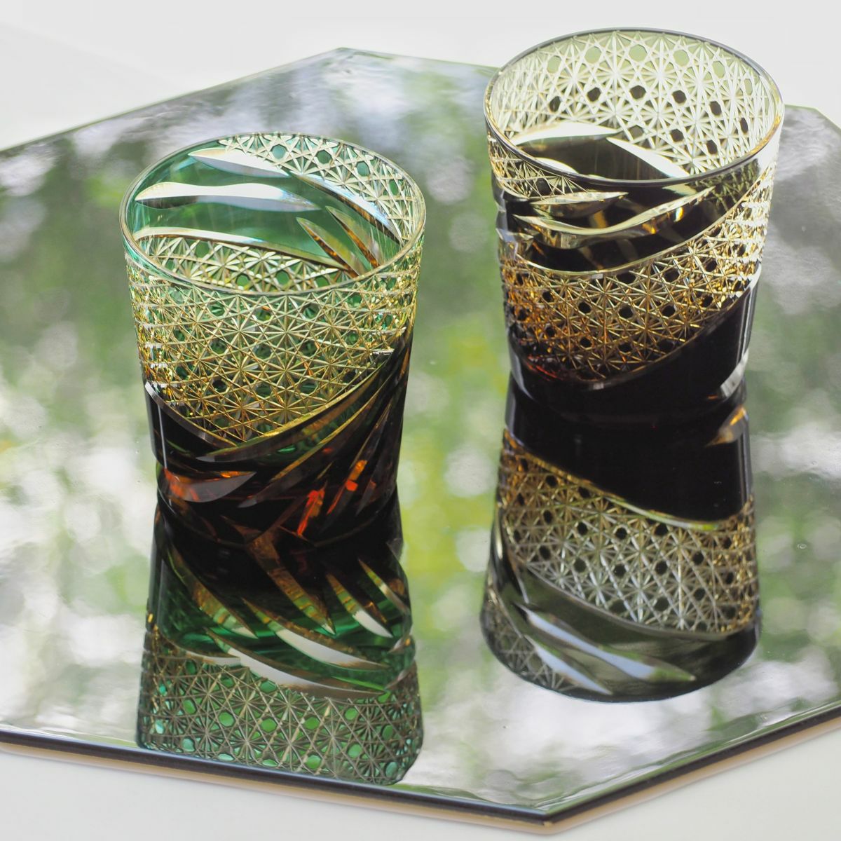 深川硝子工芸 小樽切子 雅 ロックグラス 緑琥珀