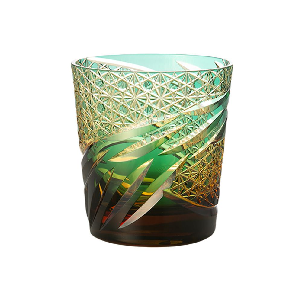深川硝子工芸 小樽切子 雅 ロックグラス 緑琥珀