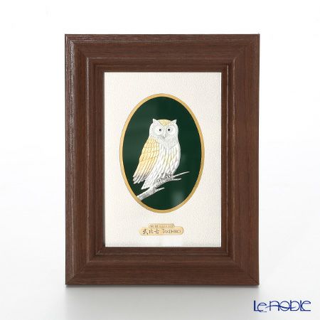 純銀額（Silver999） M5号 木製卓上フレーム茶 フクロウ 縦型 17×13cm 金銀工芸家・伝統工芸士 武比古作