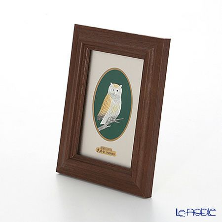 純銀額（Silver999） M5号 木製卓上フレーム茶 フクロウ 縦型 17×13cm 金銀工芸家・伝統工芸士 武比古作