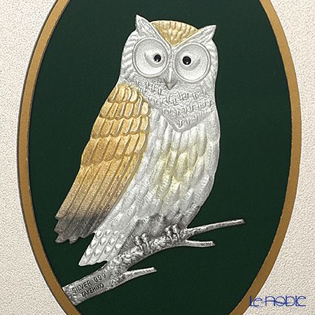 純銀額（Silver999） M5号 木製卓上フレーム茶 フクロウ 縦型 17×13cm 金銀工芸家・伝統工芸士 武比古作