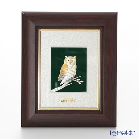 純銀額（Silver999） 1号 木製卓上フレーム茶 フクロウ 縦型 20×17cm 金銀工芸家・伝統工芸士 武比古作