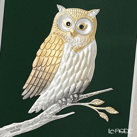 純銀額（Silver999） 1号 木製卓上フレーム茶 フクロウ 縦型 20×17cm 金銀工芸家・伝統工芸士 武比古作