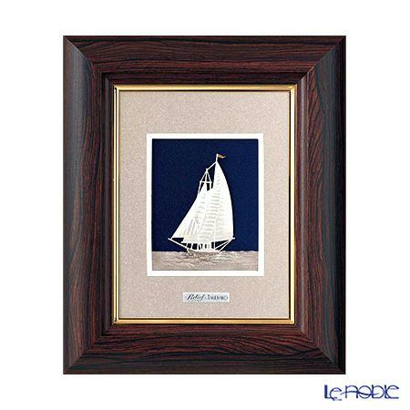 純銀額（Silver999） 1号 木製卓上フレーム茶 ヨット 縦型 20×17cm 金銀工芸家・伝統工芸士 武比古作