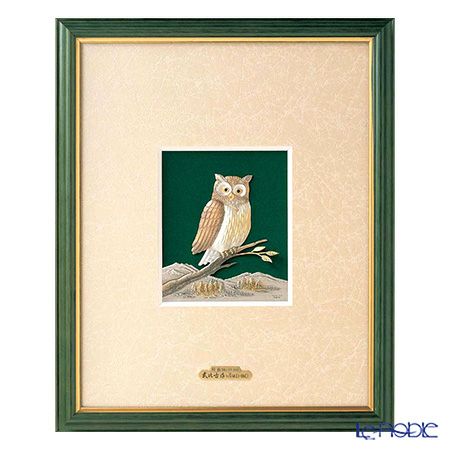 純銀額（Silver999） 3号 木製フレーム グリーン フクロウ 縦型 28×23cm 金銀工芸家・伝統工芸士 武比古作