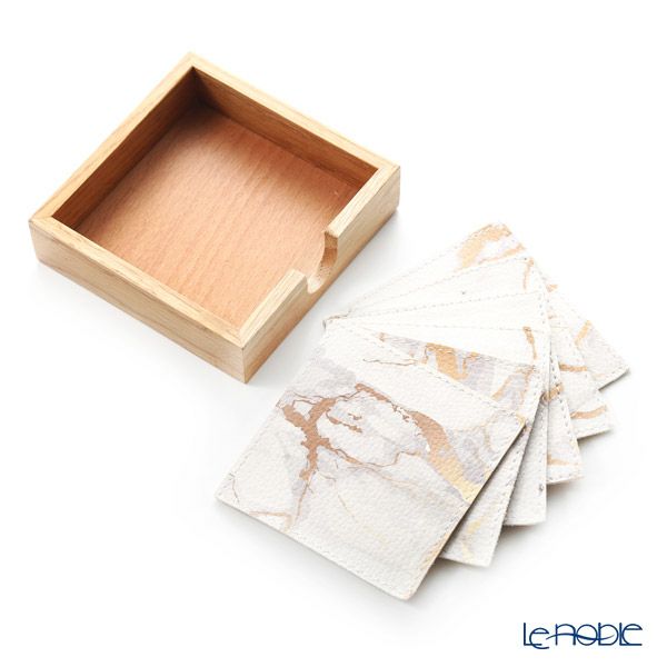 デリア（Deria） コースター スクエア 6枚セット 9×9cm マーブルゴールド BRD340.46Z 木製ホルダー付