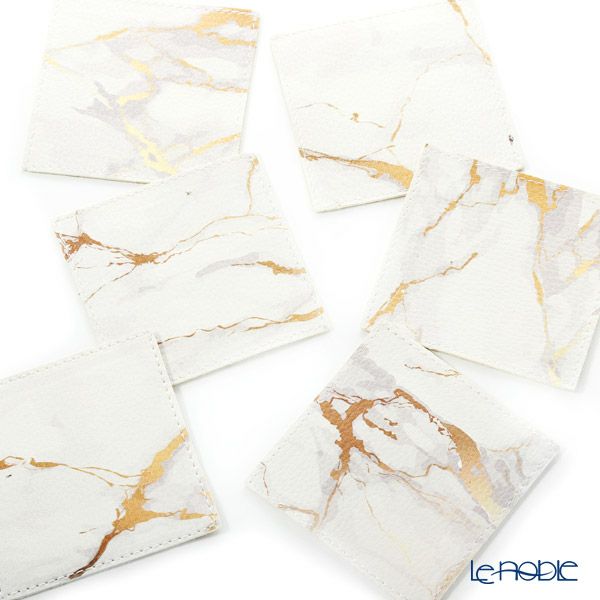 デリア（Deria） コースター スクエア 6枚セット 9×9cm マーブルゴールド BRD340.46Z 木製ホルダー付