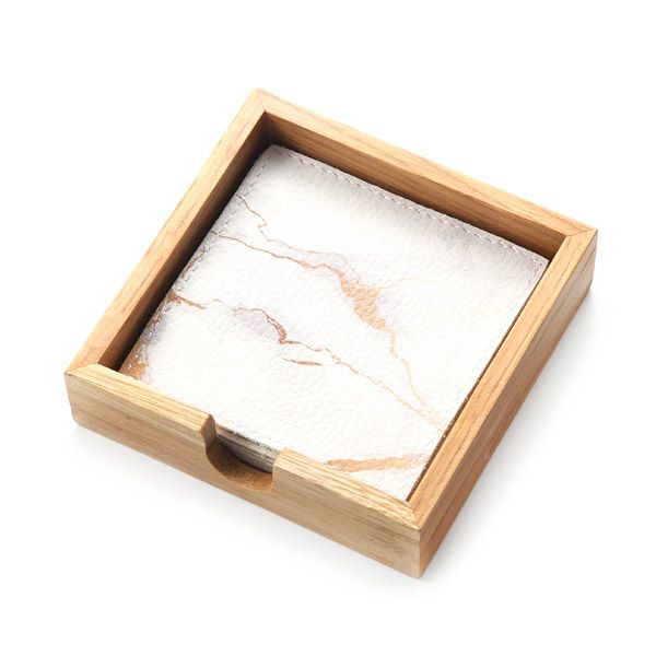 デリア（Deria） コースター スクエア 6枚セット 9×9cm マーブルゴールド BRD340.46Z 木製ホルダー付