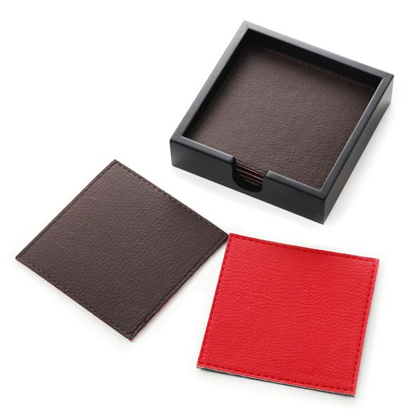 デリア（Deria） コースター スクエア リバーシブル 6枚セット 9×9cm レッド×ブラウン BRD1800 木製ホルダー付