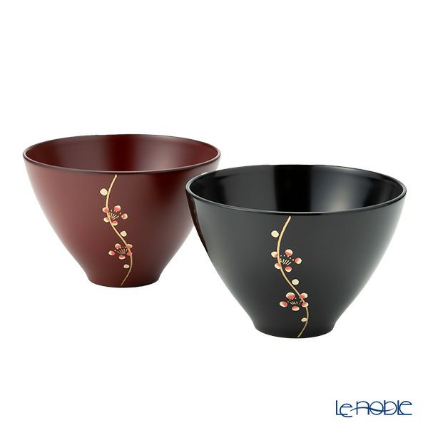 井助 漆器 夫婦汁椀 梅 黒・古代朱 木紛加工品／漆塗り G8-05702