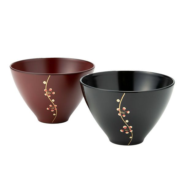 井助 漆器 夫婦汁椀 梅 黒・古代朱 木紛加工品／漆塗り G8-05702