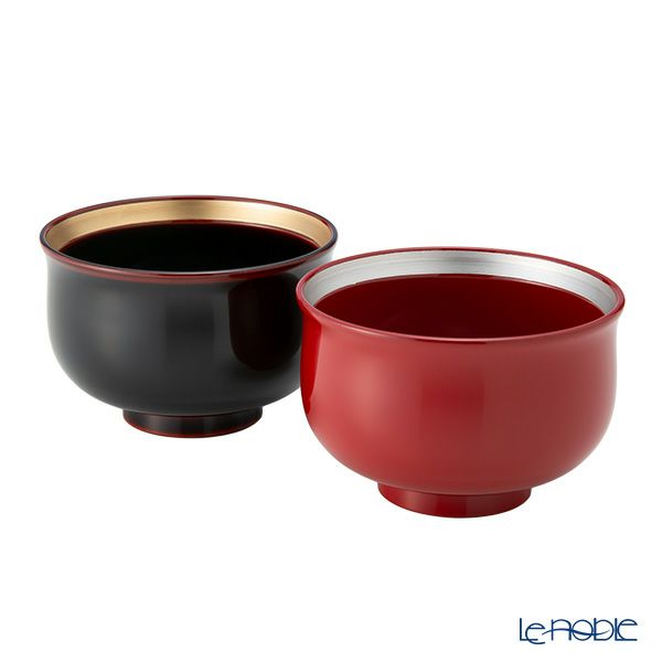 井助 夫婦椀 金・銀帯 羽反 2客セット 朱・溜 木粉と樹脂の成型品 漆塗り 直径9.6×高さ6.3cm G10-04404