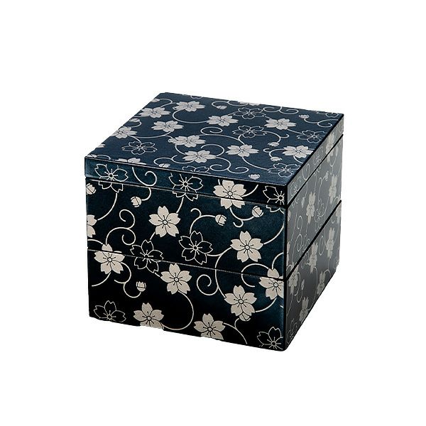 井助 漆器 二段重 桜唐草 黒（パール） 木紛加工品／ウレタン塗り 10.5×H9cm NC-675