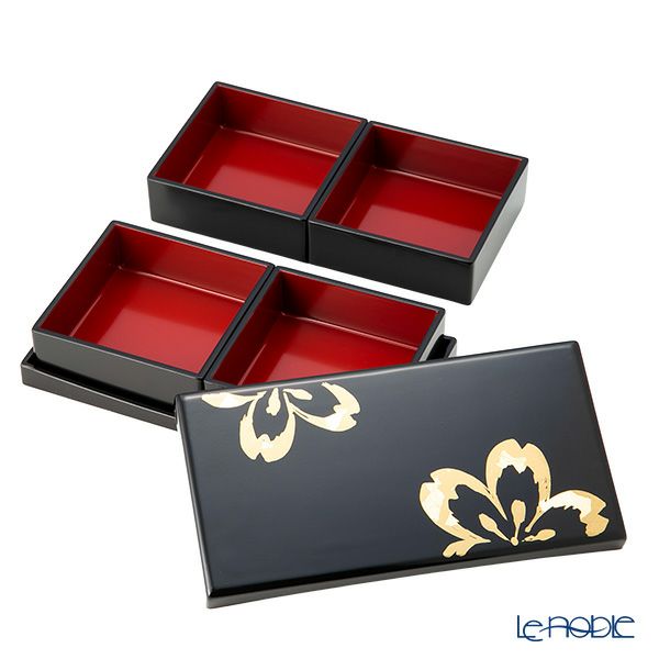 井助 うたげ花見重箱 さくら 松花堂弁当箱 黒 木粉と樹脂の成型品 ウレタン塗り 縦11×横21×高さ8cm NC-590