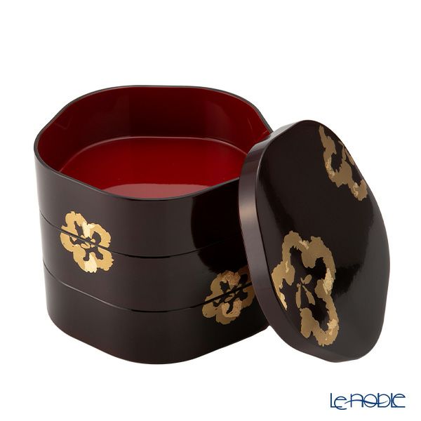 井助 梅型三段重箱 溜内朱 木粉と樹脂の成型品 ウレタン塗り 16×16×H15cm NC-122