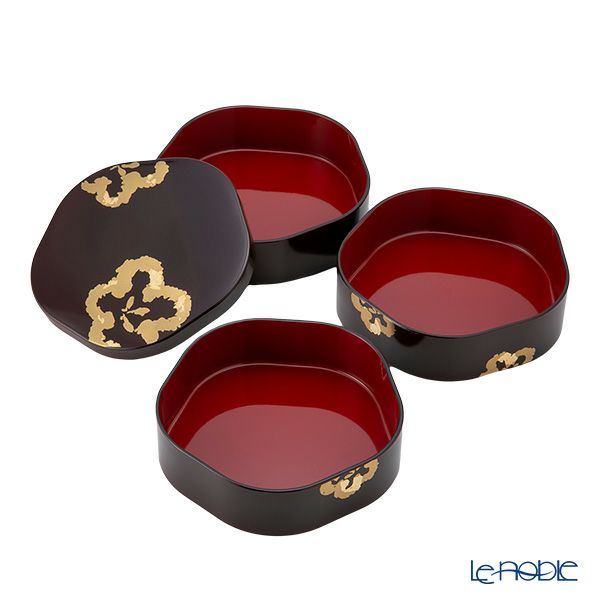 井助 梅型三段重箱 溜内朱 木粉と樹脂の成型品 ウレタン塗り 16×16×H15cm NC-122