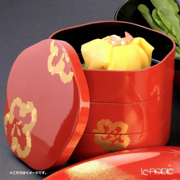 井助 梅型三段重箱 溜内朱 木粉と樹脂の成型品 ウレタン塗り 16×16×H15cm NC-122
