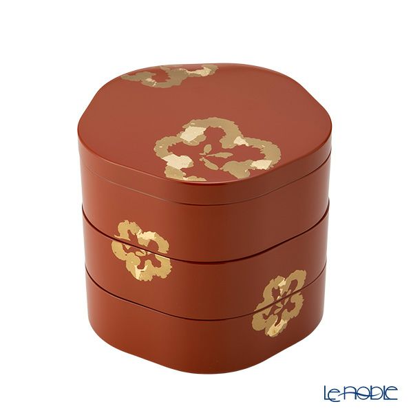 井助 梅型三段重箱 洗朱内黒 木粉と樹脂の成型品 ウレタン塗り 16×16×H15cm NC-122
