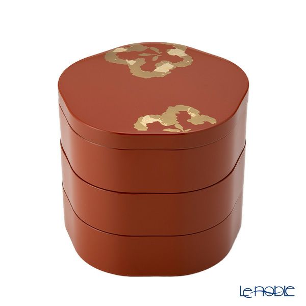 井助 梅型三段重箱 洗朱内黒 木粉と樹脂の成型品 ウレタン塗り 16×16×H15cm NC-122