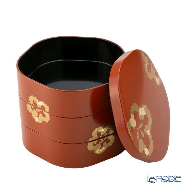 井助 梅型三段重箱 洗朱内黒 木粉と樹脂の成型品 ウレタン塗り 16×16×H15cm NC-122