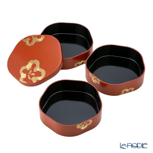 井助 梅型三段重箱 洗朱内黒 木粉と樹脂の成型品 ウレタン塗り 16×16×H15cm NC-122