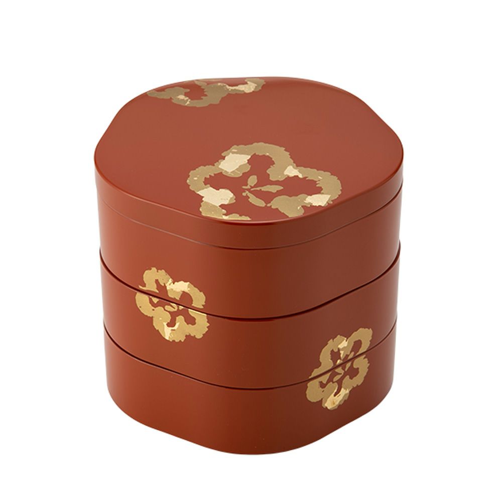 井助 梅型三段重箱 洗朱内黒 木粉と樹脂の成型品 ウレタン塗り 16×16×H15cm NC-122