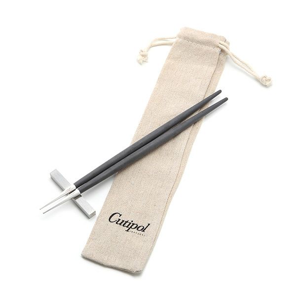 クチポール ゴア GOA ブラック／シルバー 箸+箸置セット 23cm マット仕上げ【ロゴ入リネン袋付】