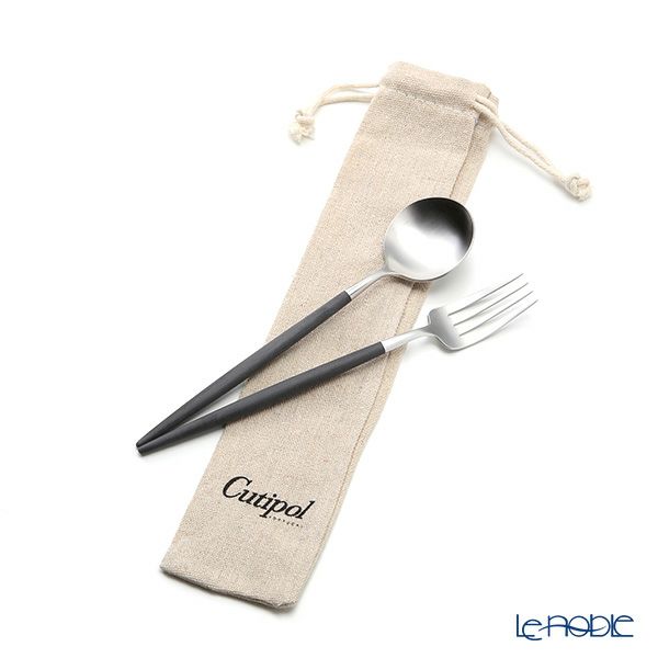 クチポール ゴア GOA ブラック／シルバー デザートスプーン＆デザートフォーク 2点セット マット仕上げ【ロゴ入リネン袋付】