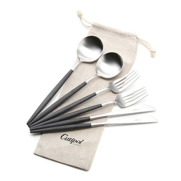 クチポール ゴア GOA ブラック／シルバー テーブルスプーン＆テーブルフォーク＆テーブルナイフ 6点セット マット仕上げ【ロゴ入リネン袋付】