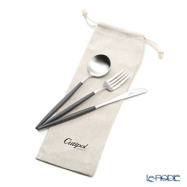 クチポール ゴア GOA ブラック／シルバー デザートスプーン＆デザートフォーク＆デザートナイフ 3点セット マット仕上げ【ロゴ入リネン袋付】