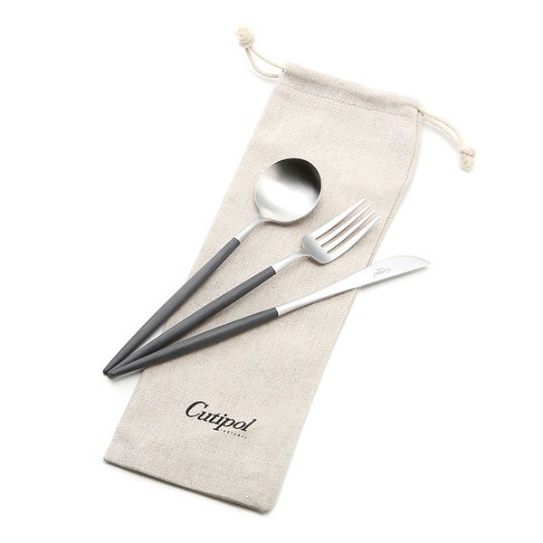 クチポール ゴア GOA ブラック／シルバー デザートスプーン＆デザートフォーク＆デザートナイフ 3点セット マット仕上げ【ロゴ入リネン袋付】