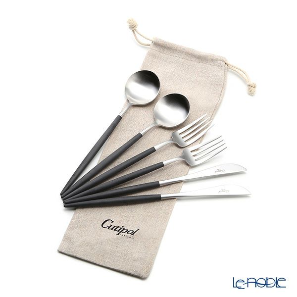 クチポール ゴア GOA ブラック／シルバー デザートスプーン＆デザートフォーク＆デザートナイフ 6点セット マット仕上げ【ロゴ入リネン袋付】