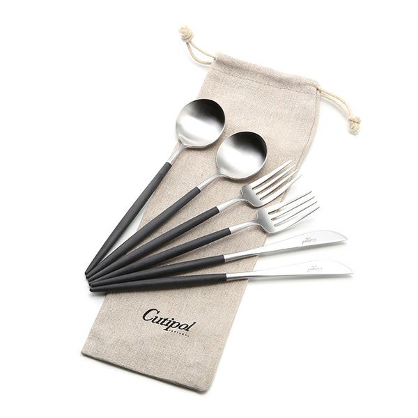 クチポール ゴア GOA ブラック／シルバー デザートスプーン＆デザートフォーク＆デザートナイフ 6点セット マット仕上げ【ロゴ入リネン袋付】