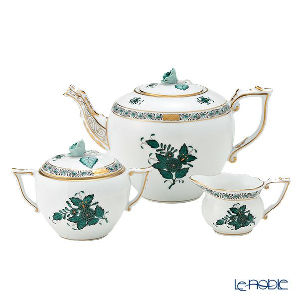 ヘレンド アポニーグリーン2 AV2（ブルーグリーン） ティーポット＆シュガー＆クリーマー 3点セット
