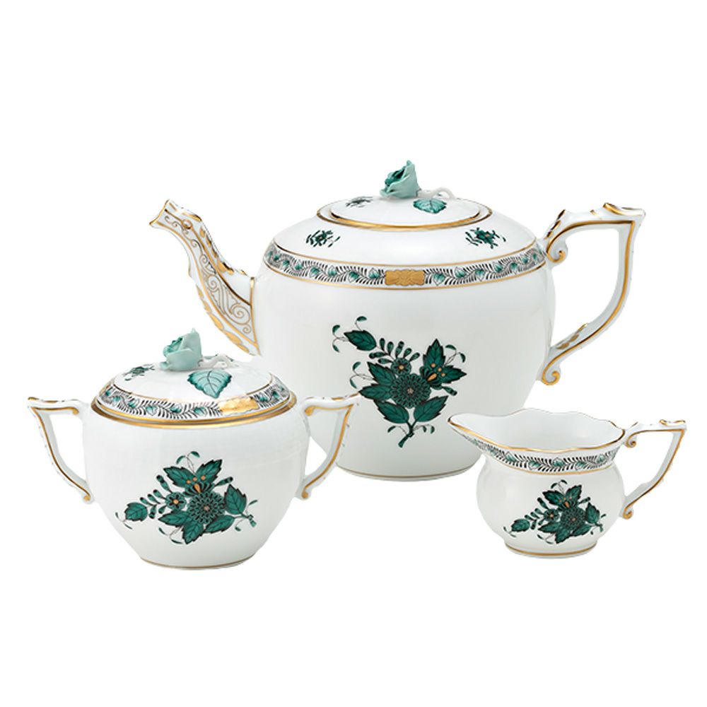 ヘレンド アポニーグリーン2 AV2（ブルーグリーン） ティーポット＆シュガー＆クリーマー 3点セット