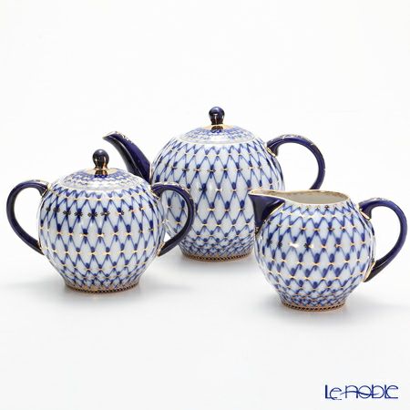ロシア食器 インペリアル・ポーセリン コバルトネット ポット3点セット