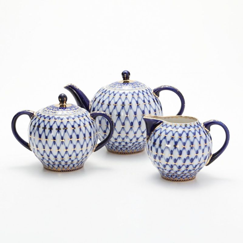 ロシア食器 インペリアル・ポーセリン コバルトネット ポット3点セット