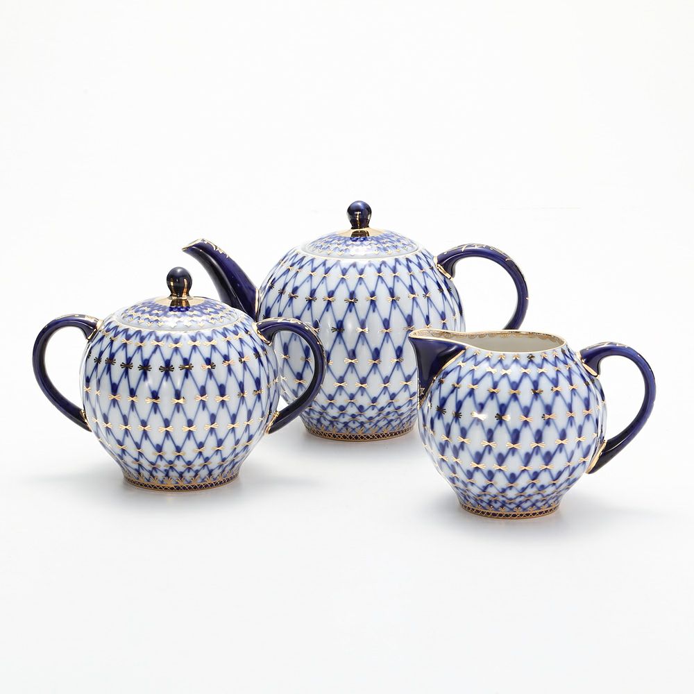 ロシア食器 インペリアル・ポーセリン コバルトネット ポット3点セット