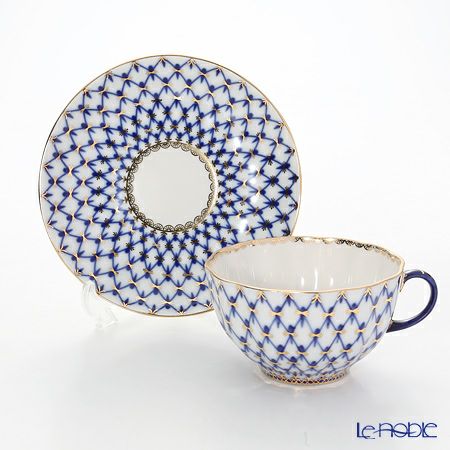 ロシア食器 インペリアル・ポーセリン コバルトネット ティーカップ＆ソーサー 250ml ペア