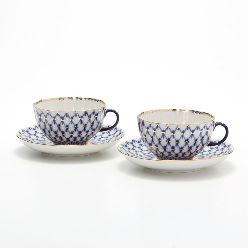 ロシア食器 インペリアル・ポーセリン コバルトネット ティーカップ＆ソーサー 250ml ペア