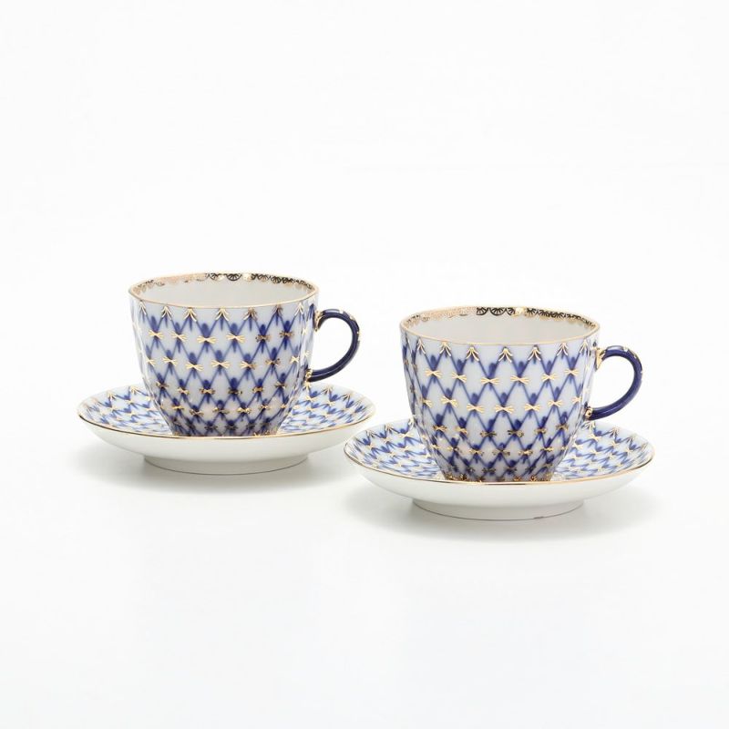 ロシア食器 インペリアル・ポーセリン コバルトネット コーヒーカップ＆ソーサー（エスプレッソサイズ） 140ml ペア