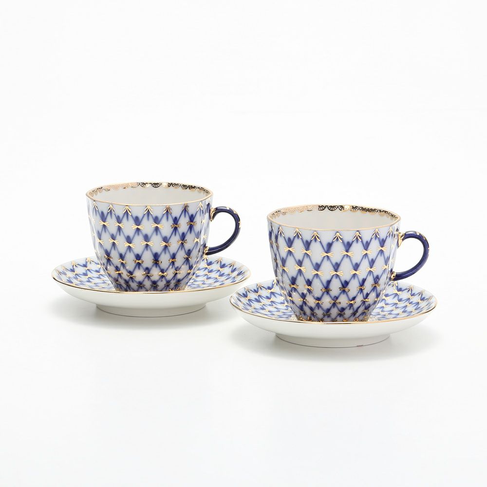 ロシア食器 インペリアル・ポーセリン コバルトネット コーヒーカップ＆ソーサー（エスプレッソサイズ） 140ml ペア