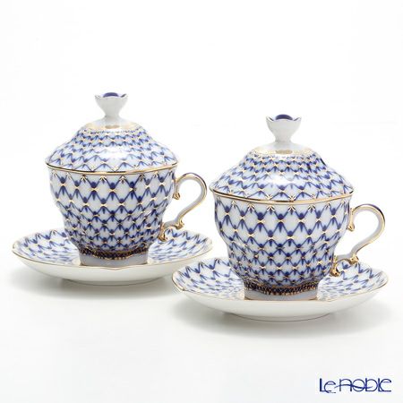 ロシア食器 インペリアル・ポーセリン コバルトネット ティーカップ＆ソーサー 250ml（ふた付） ペア